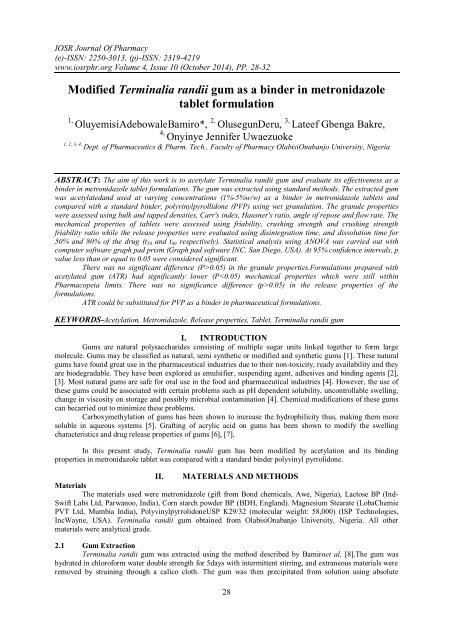 Modified Terminalia randii gum as a binder in metronidazole tablet formulation