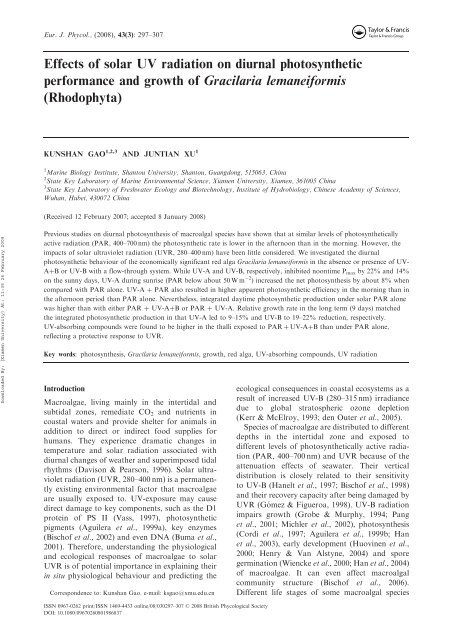 Effects of solar UV radiation on diurnal photosynthetic performance ...