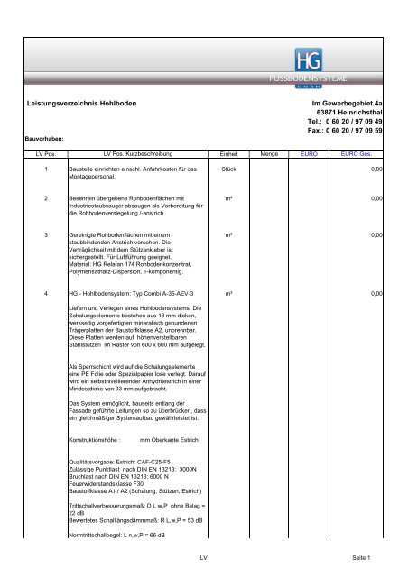 Musterleistungsverzeichnis Hohlboden - HG Fussbodensysteme ...