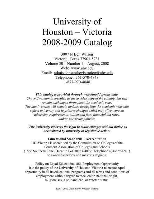 University Of Houston Â€“ Victoria 2008-2009 Catalog