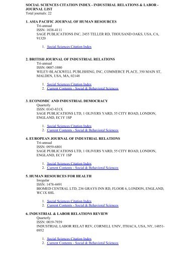 SOCIAL SCIENCES CITATION INDEX - INDUSTRIAL RELATIONS ...