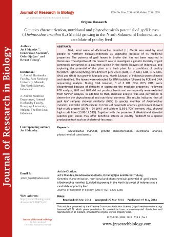 Genetics characterization, nutritional and phytochemicals potential of gedi leaves (Abelmoschus manihot (L.) Medik) growing in the North Sulawesi of Indonesia as a candidate of poultry feed