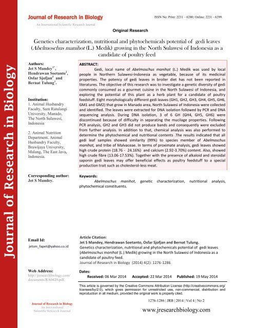 Genetics characterization, nutritional and phytochemicals potential of gedi leaves (Abelmoschus manihot (L.) Medik) growing in the North Sulawesi of Indonesia as a candidate of poultry feed