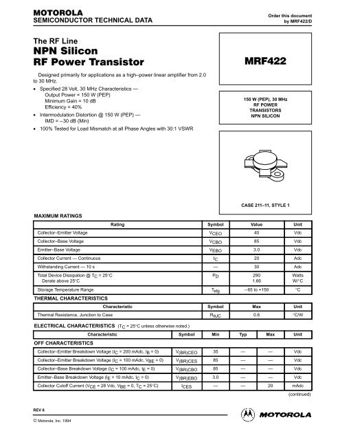 NPN Silicon RF Power Transistor MRF422 - Ð¤Ð¾ÑÑÐ¼ QRZ.RU