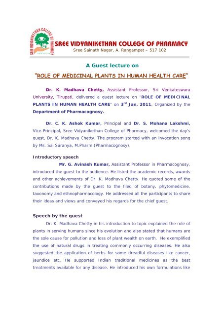 A Guest Lecture on - Vidyanikethan