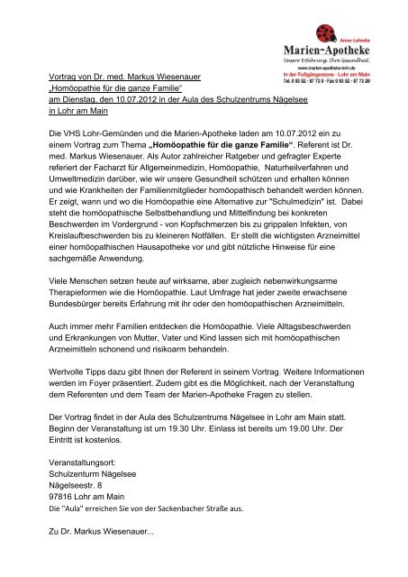 Vortrag von Dr. med. Markus Wiesenauer ... - Marien-Apotheke Lohr