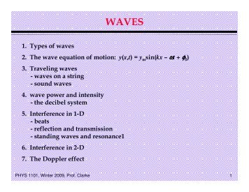 1. Types of waves 2. The wave equation of motion: y(x,t) = ymsin(kx ...