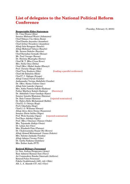 List Of Delegates To The National Political Reform Constitutionnet