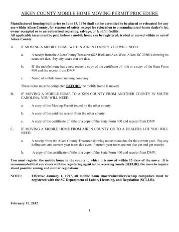 Mobile Home Permit Procedure - Aiken County Government