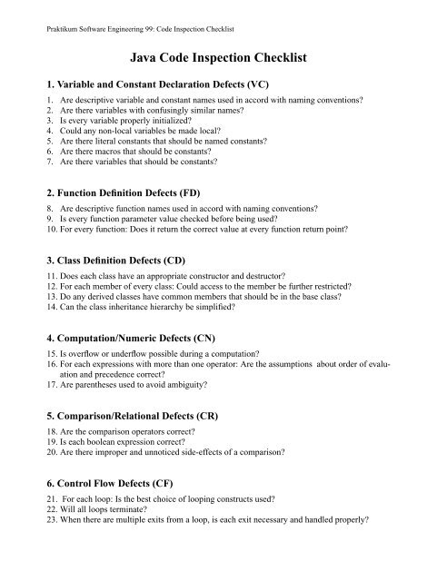 Java Code Inspection Checklist - Undergraduate