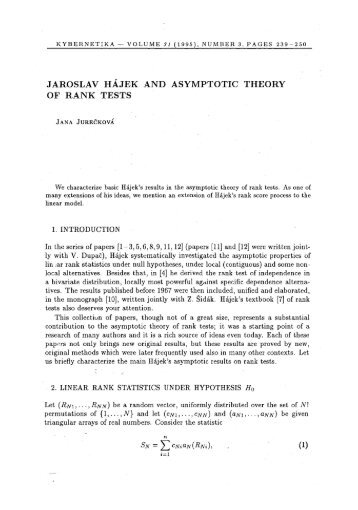 jaroslav hajek and asymptotic theory of rank tests - Kybernetika