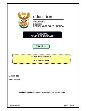 Cosumer Studies Grade 12 Examination Paper 1 - Thutong