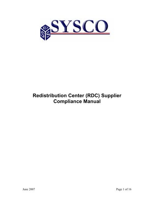 Redistribution Center (RDC) Supplier Compliance Manual - Sysco