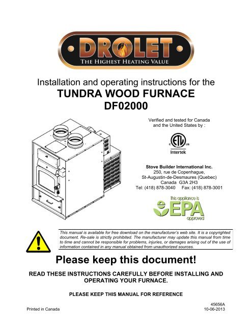 TUNDRA WOOD FURNACE DF02000 Please keep this ... - Drolet