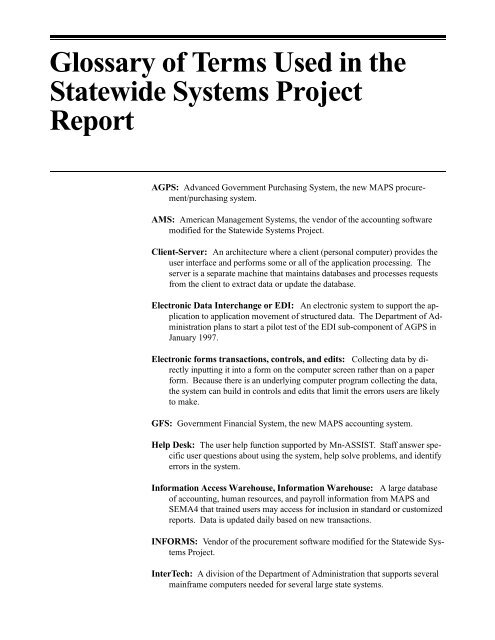Glossary of Terms Used in the Statewide Systems Project Report