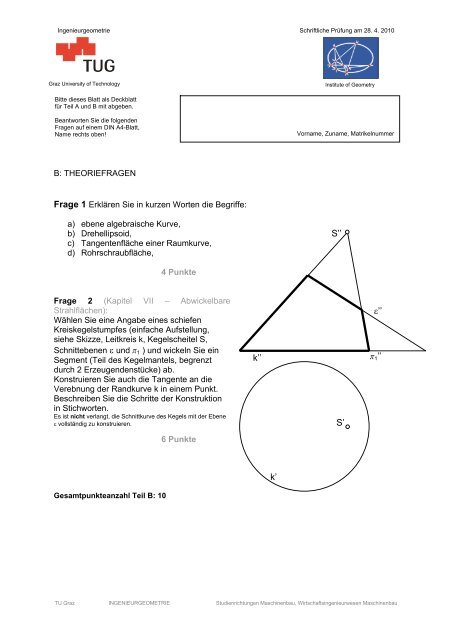 Pruefung vom 28. 4. 2010 - Institute of Geometry - Graz University of ...