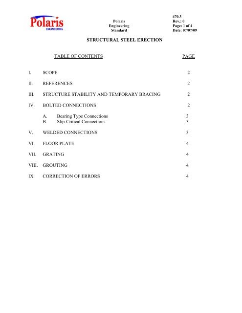 STRUCTURAL STEEL ERECTION TABLE OF CONTENTS PAGE I ...