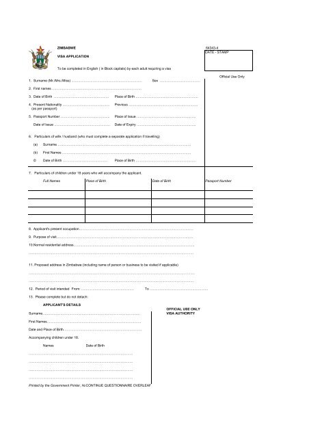Visa Application Form - Zimbabwe consulate