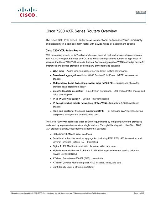 Cisco 7200 VXR Series Routers Overview