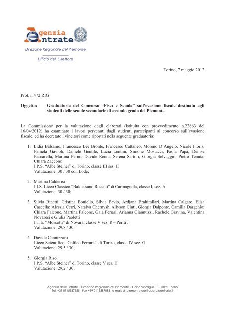 Graduatoria dei vincitori - Direzione regionale Piemonte - Agenzia ...