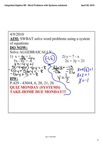 Integrated Algebra 9R - Word Problems with Systems ... - CCSD Blogs