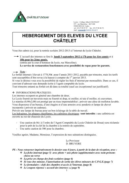 HEBERGEMENT DES ELEVES DU LYCEE CHÃTELET