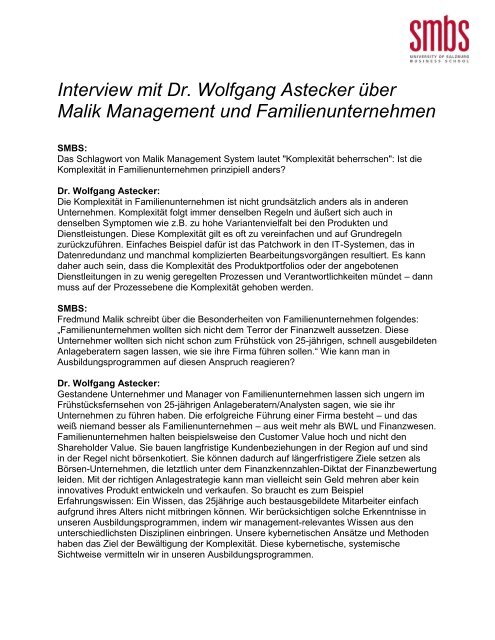 Interview mit Dr. Wolfgang Astecker über Malik Management und ...