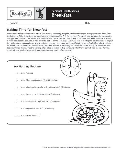 Handout Breakfast Grades 9 To 12