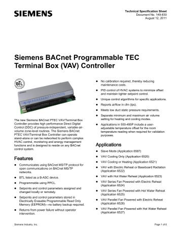 Siemens BACnet Programmable TEC Terminal Box (VAV) Controller