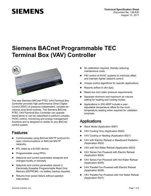 Siemens BACnet Programmable TEC Terminal Box (VAV) Controller