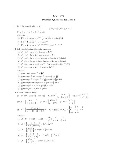 Math 175 Practice Questions For Test 3