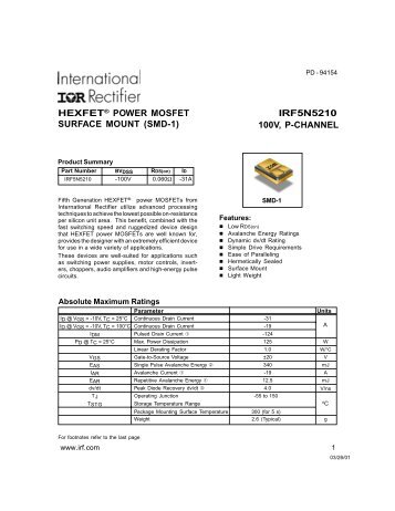 hexfet® power mosfet irf5n5210 surface mount (smd-1) 100v, p ...