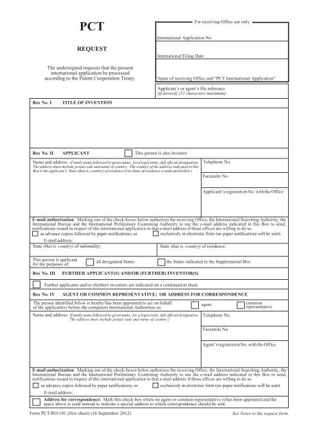 Form PCT RO 101 Request WIPO form-pct-ro-101-request-wipo