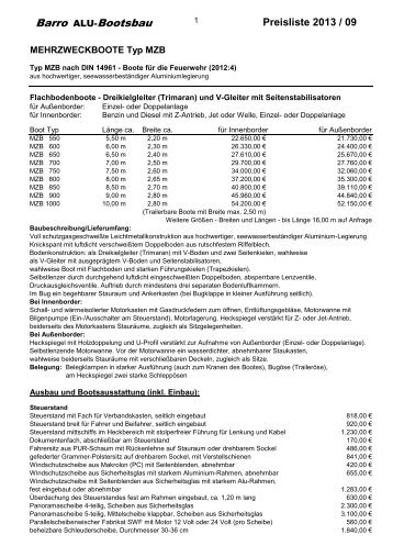 Preisliste Mehrzweckboote MZB - Hans Barro Aluminium-Bootsbau