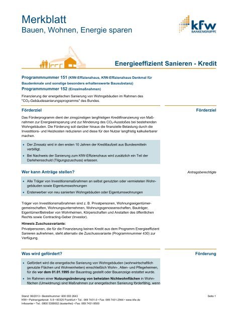Merkblatt Energieeffizient Sanieren - Kredit - KfW