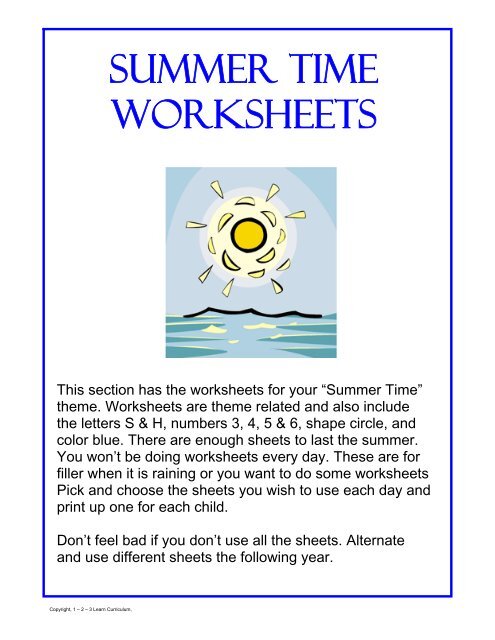 summer time worksheets 1 2 3 learn curriculum