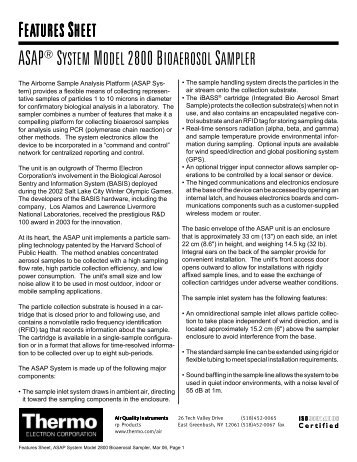 asapÂ® system model 2800 bioaerosol sampler featuress heet