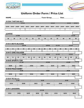 Uniform Order Form / Price List - Bedford Academy