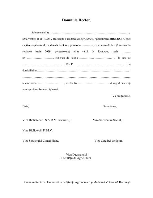 Cerere eliberare diploma BFR.pdf - Facultatea de AgriculturÃ„Âƒ