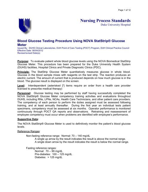 Nursing Process Standards - Point of Care Testing - Duke University