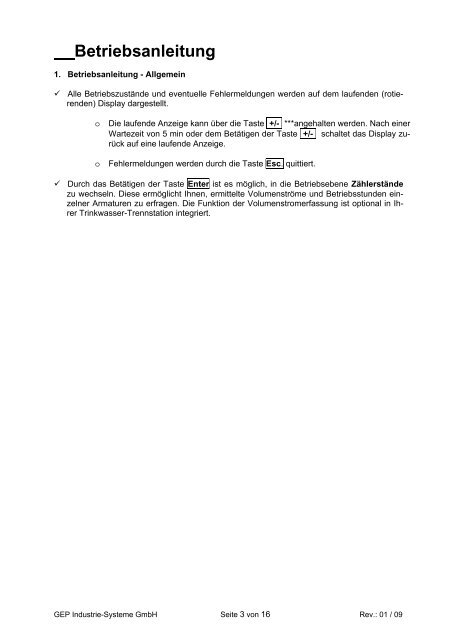 Betriebs- und Inbetriebnahmeanleitung - Gep-h2o.de