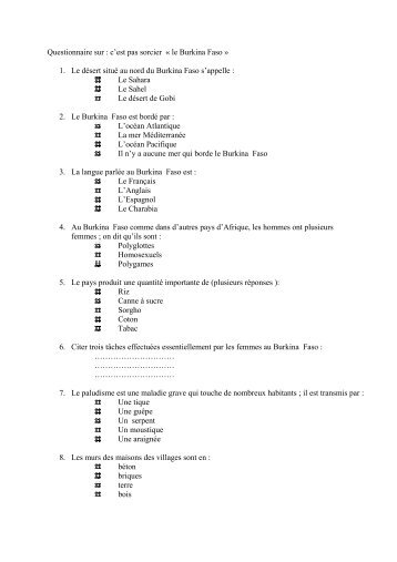 Questionnaire sur : c'est pas sorcier Â« le Burkina Faso Â» 1. Le dÃ©sert ...