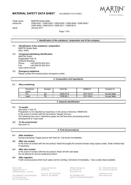 Material Safety Data Sheet According To Martin Smt De