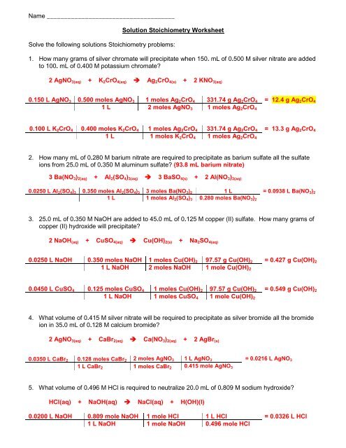 Solution Stoichiometry Worksheet
