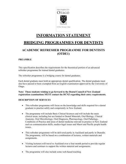 information statement bridging programmes for dentists