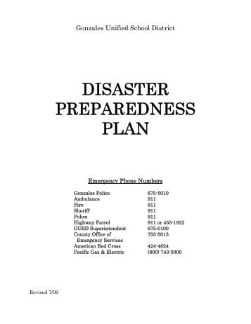 DISASTER PREPAREDNESS PLAN - Gonzales Unified School District