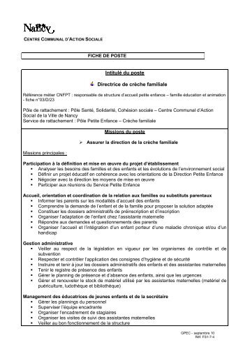 IntitulÃ© du poste Directrice de crÃ¨che familiale - Ville de Nancy