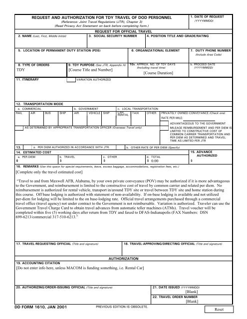 DD Form 1610, Request and Authorization for TDY Travel of DoD ...