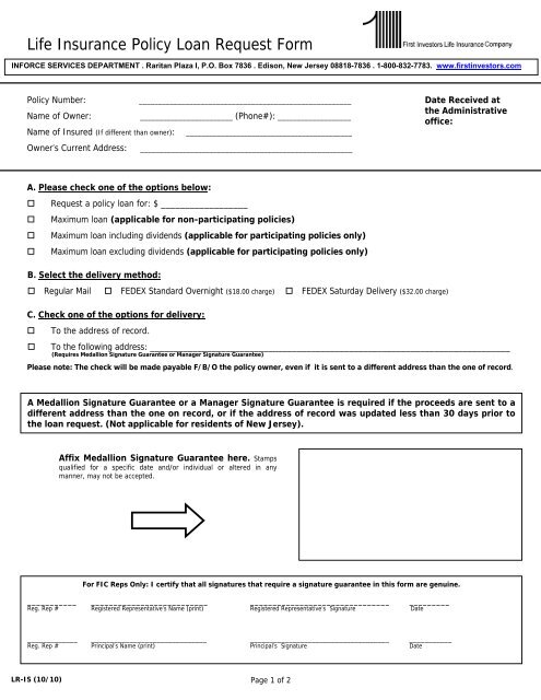 Life Insurance Policy Loan Request Form - First Investors