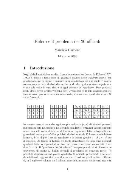 Eulero e il problema dei 36 ufficiali (Maurizio Garrione)